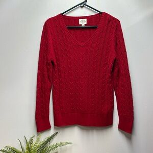 St John's Bay V Neck Chunky Cable Knit Sweater Red Holiday Festive Sz Large